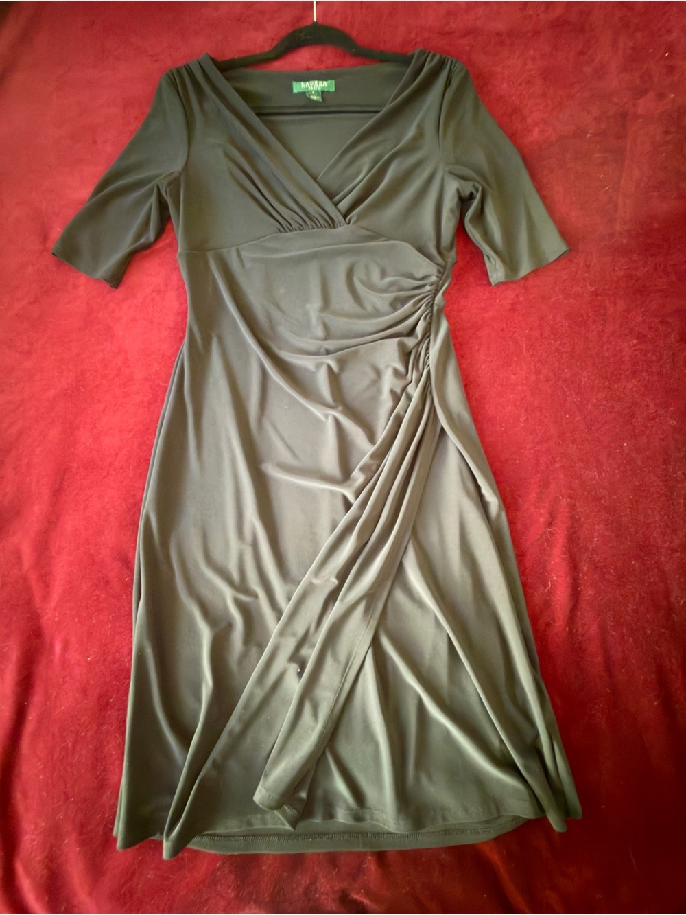Lauren Ralph Lauren Black Cocktail Dress Ruched Pleated Surplice Work Event LBD